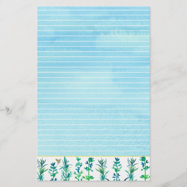 Rosemary Thyme Herbs Honeybee Blue Lined Stationery (Front)