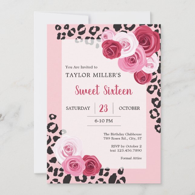 Roses and Animal Print Sweet Sixteen Birthday Invitation (Front)
