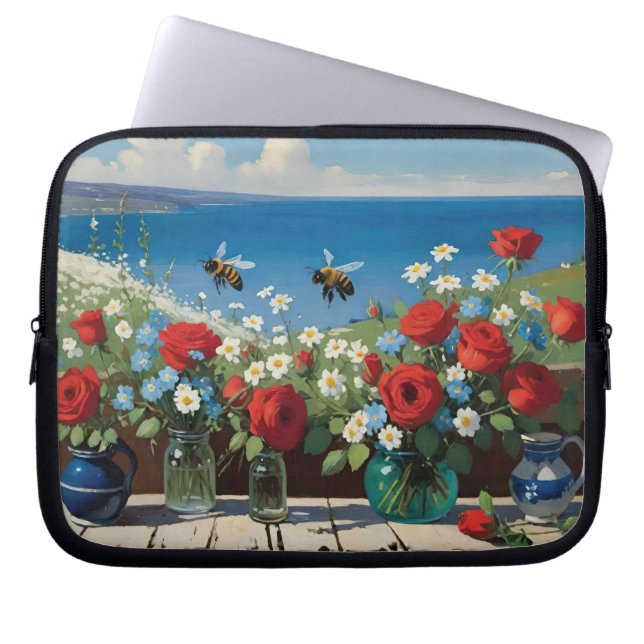 Roses and Bees with an Ocean View Laptop Sleeve (Front)
