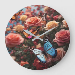 Roses and butterflies  large clock
