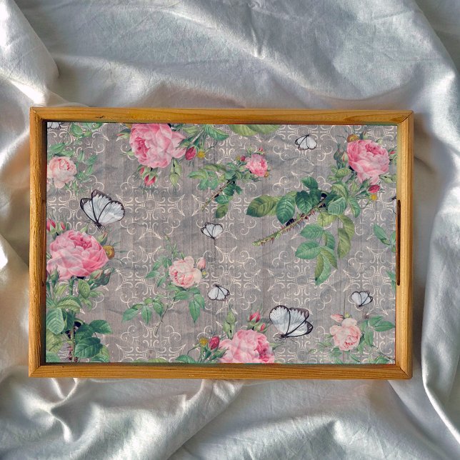 Roses And Butterflies On Damask Wood Decoupage Tissue Paper (Creator Uploaded)