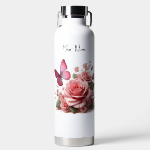 Roses and butterflies water bottle
