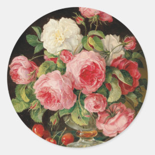 Roses and cherries oil painting classic round sticker