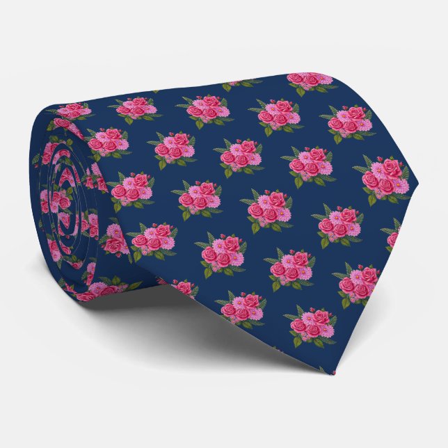 Roses and Dahlias Navy Necktie (Rolled)