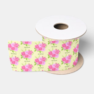 Roses and Dahlias Yellow Ribbon With Text Satin Ribbon