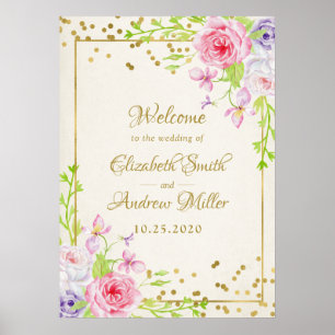 Roses and Gold Confetti Floral Wedding Welcome Poster