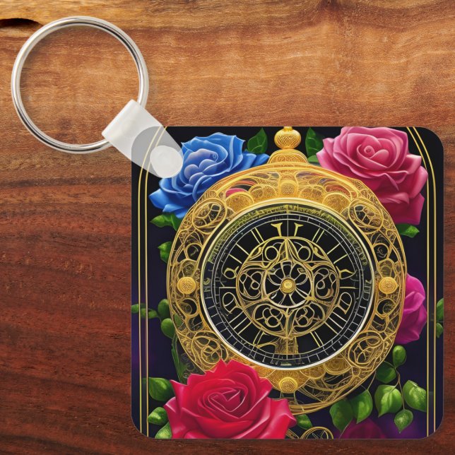 Roses and Gold Filigree Key Ring (Front)