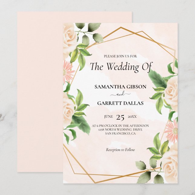Roses And Golden Frame Wedding Invitation (Front/Back)