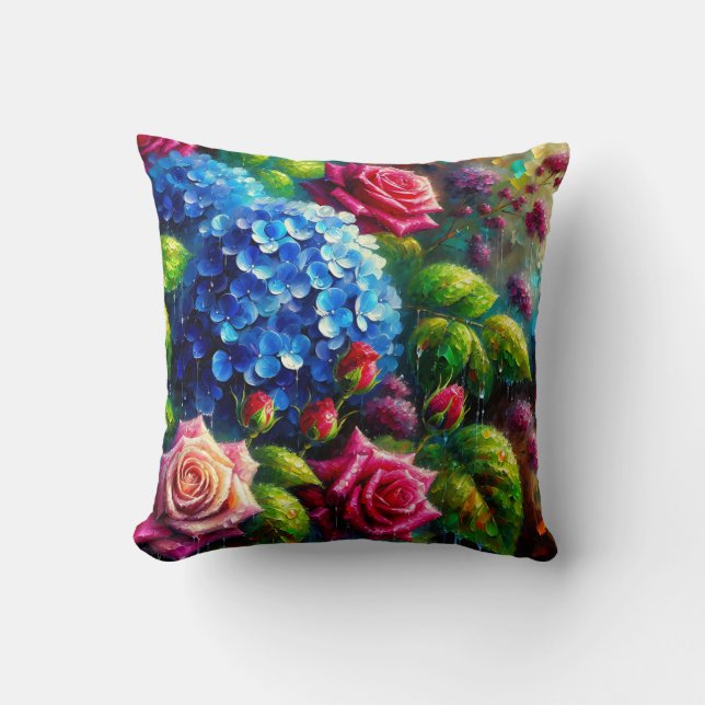 “Roses and Hydrangeas in Rain- Vibrant Floral Art" Cushion (Front)