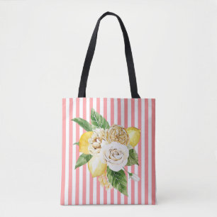 Roses and lemons on pink stripes tote bag