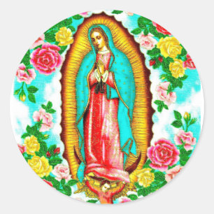 ROSES AND MADONNA OF GUADALUPE.ART DESIGN CLASSIC ROUND STICKER