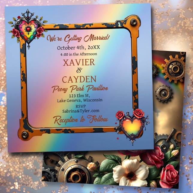 Roses and Metal LGBTQ Steampunk Wedding Invitation (Creator Uploaded)
