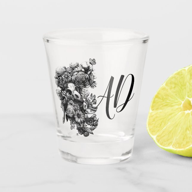 Roses and Moths - Black Monogram Shot Glass (Front)