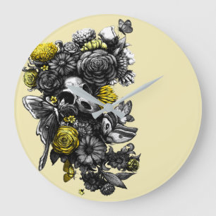 Roses and Moths - Black & Yellow Large Clock