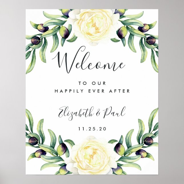 Roses and Olives Wedding Welcome Poster (Front)