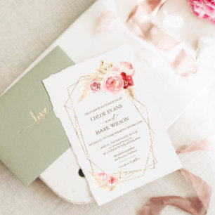 Roses and Pampas Grass Gold Frame Wedding Invitation