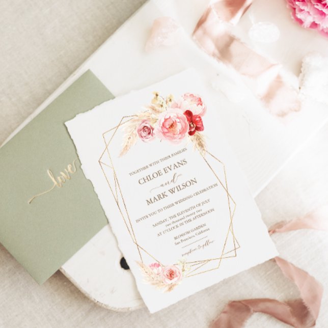 Roses and Pampas Grass Gold Frame Wedding Invitation (Creator Uploaded)