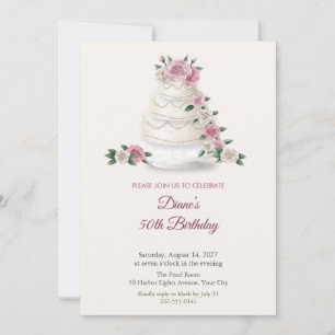Roses and Pearls Tiered Cake 50th Birthday Invitation