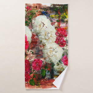 Roses and peonies and roses, mixed media and abstr bath towel