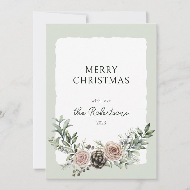 Roses and Pine Cones Christmas Greenery Holiday Card (Front)