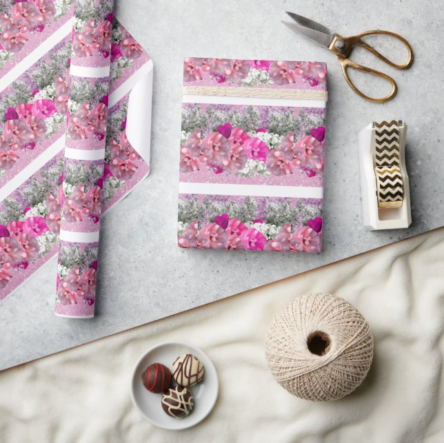 Roses and Pink Faux Glitter Wrapping Paper (Crafts)