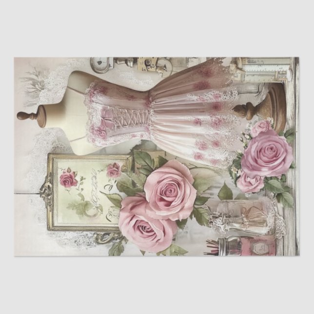 Roses and Sewing Ephemera Pattern Tissue Paper (Front)