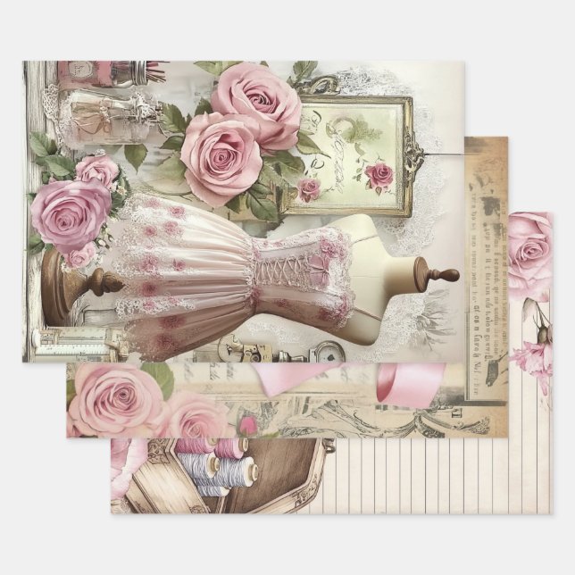Roses and Sewing Ephemera Pattern Wrapping Paper Sheet (Set)