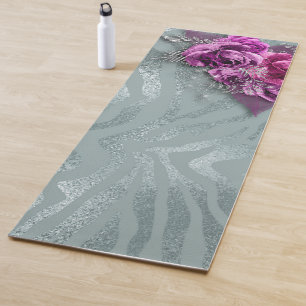 Roses and Silver Glitter Zebra Stripes Yoga Mat