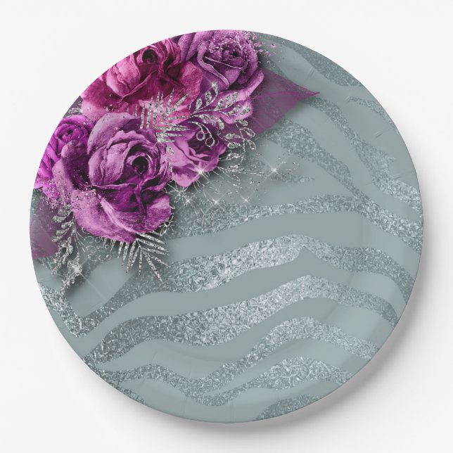 Roses and Silver Glittery Zebra Stripes Paper Plate (Front)