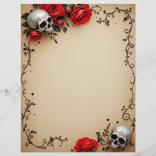 Roses and Skull on Parchment Custom Letterhead (Front)
