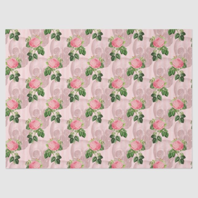 Roses and Skulls on Pink Decoupage Tissue Paper (Front)