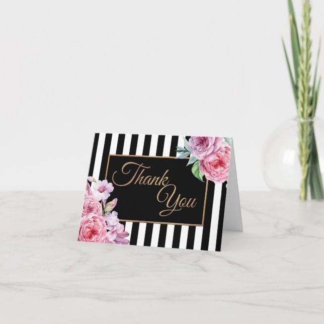 Roses and Stripes Glitter Script Thank You Card (Front)