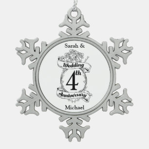Roses and Vines Romantic 4th Wedding Anniversary Snowflake Pewter Christmas Ornament