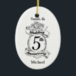 Roses and Vines Romantic 5th Wedding Anniversary Ceramic Tree Decoration<br><div class="desc">A keepsake to mark your fifth wedding anniversary. The shield like design in black and white,  with roses and romantic vines. A great way to mark your 5th year of marriage,  you paper anniversary.</div>
