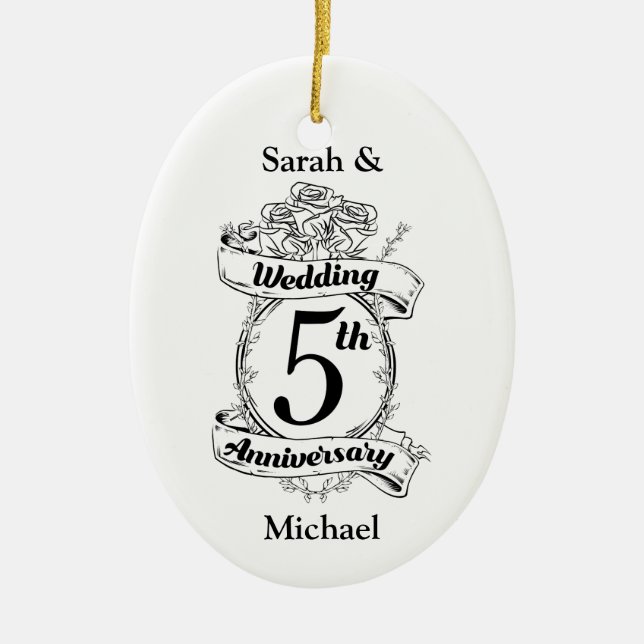 Roses and Vines Romantic 5th Wedding Anniversary Ceramic Tree Decoration (Front)