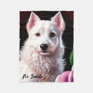 Roses And White Dog Collection Fleece Blanket