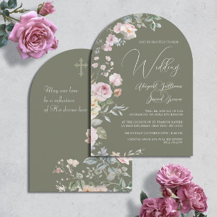 Roses Arch on Olive Green Catholic Wedding Invitation