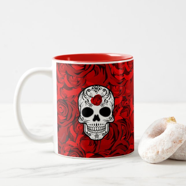 Roses are red Day of the Dead Two-Tone Coffee Mug (With Donut)