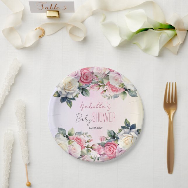 Roses Baby in Bloom Floral Baby Shower Paper Plate (Wedding)