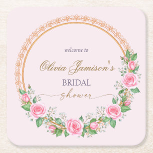 Roses & Baby’s Breath Bridal Wreath Welcome Square Paper Coaster