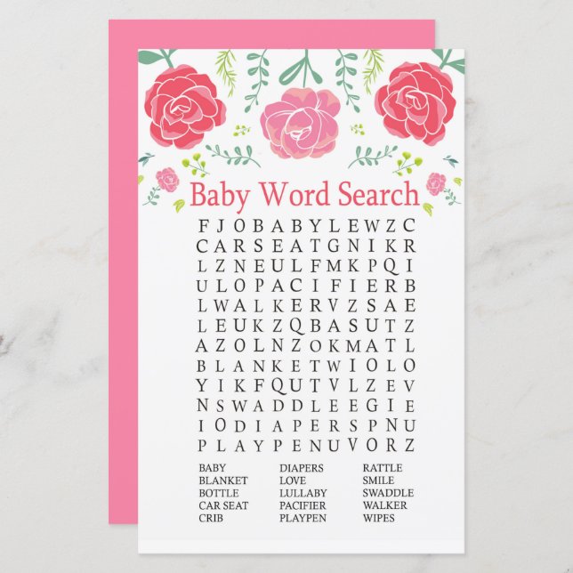 Roses Baby Shower Word Search Game (Front/Back)