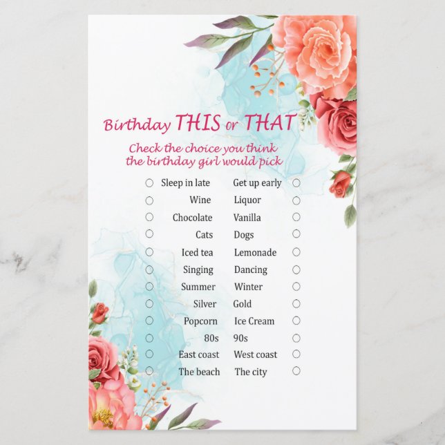 Roses Birthday This or That Game (Front)