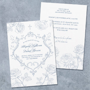 Roses Blue Crest Catholic Wedding Invitation
