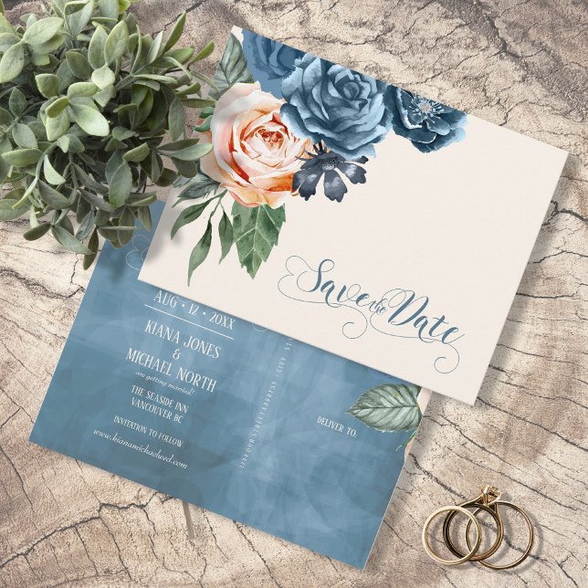 Roses Blue/Peach Save the Date ID584 Announcement Postcard (Creator Uploaded)