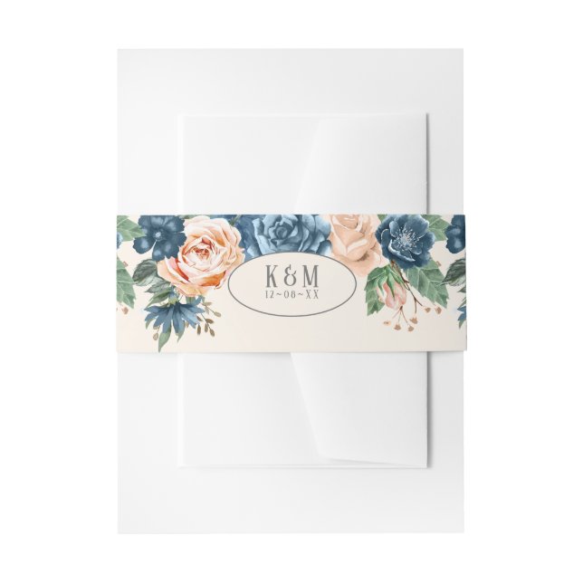 Roses Blue/Peach Wedding ID584 Invitation Belly Band (Front Example)