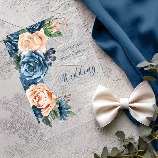 Roses Blue/Peach Wedding Transparent ID584 Acrylic Invitations (Creator Uploaded)