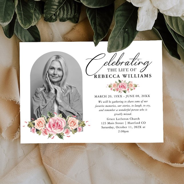 Roses Blush Calligraphy Celebration of Life Invitation (Creator Uploaded)