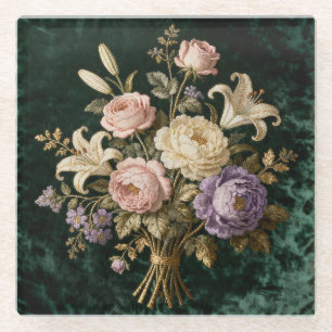 Roses Bouquet Antique Style Tapestry Glass Coaster