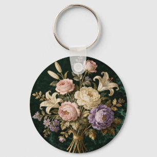 Roses Bouquet Antique Style Tapestry Key Ring