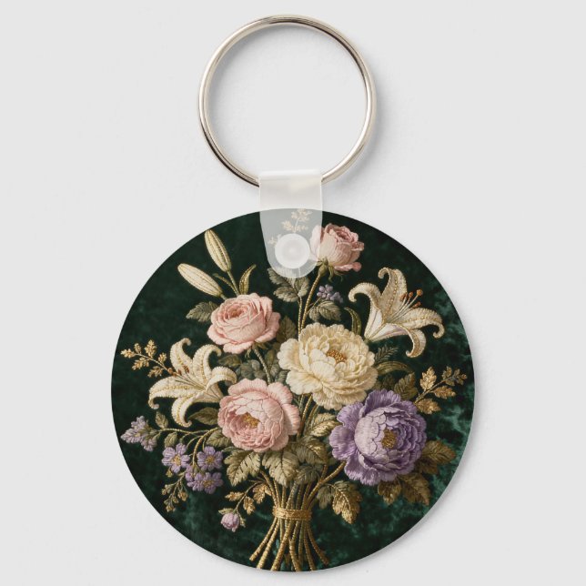 Roses Bouquet Antique Style Tapestry Key Ring (Front)